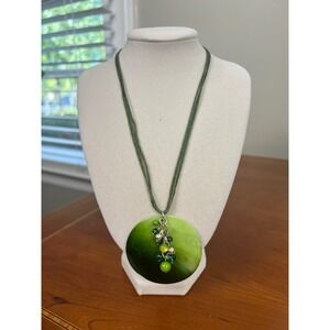 Green Shell Disc Pendant Necklace Multi Strand Cord Beaded Accent Statement